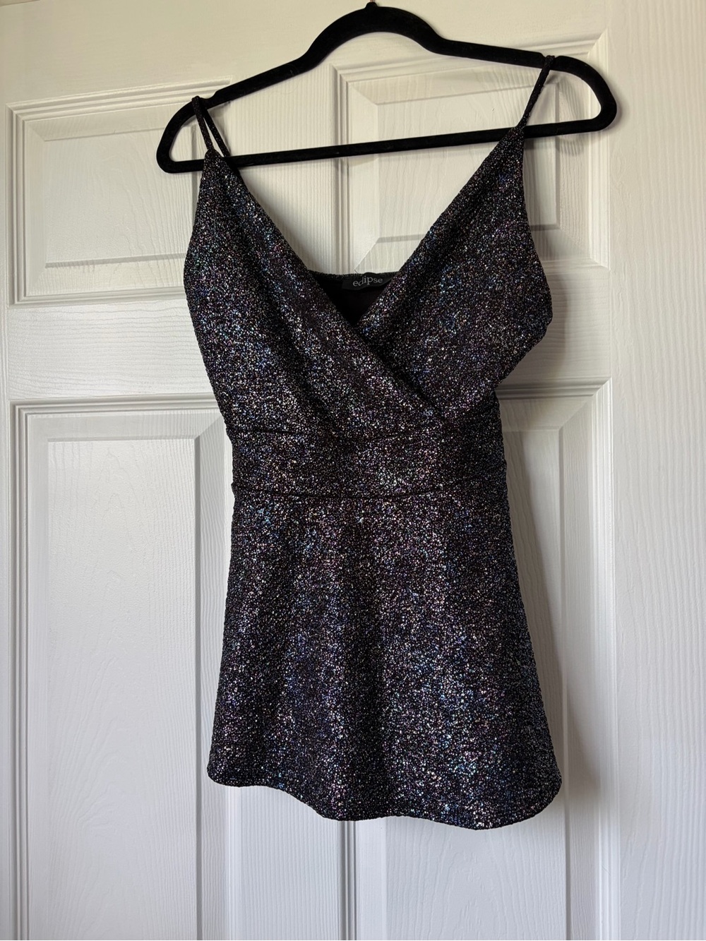 Sparkling Black Multi-Glitter Sleeveless V-Neck Party Shirt